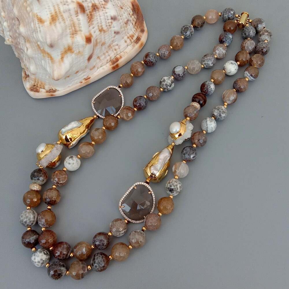 2 Strands Faceted Brown Agate Crystal Pearl Quartz Druzy Necklace 21″