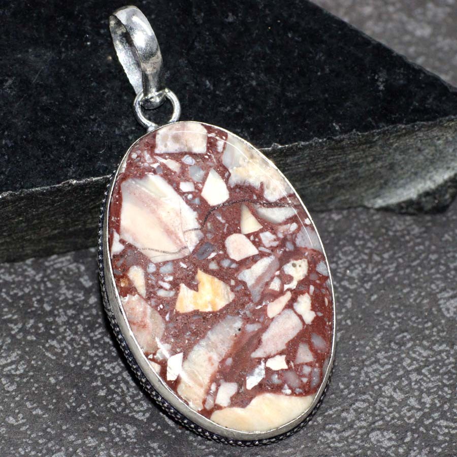 925 Silver Plated Marble Jasper Pendant Handmade Jewelry Size 2.1″ MJ