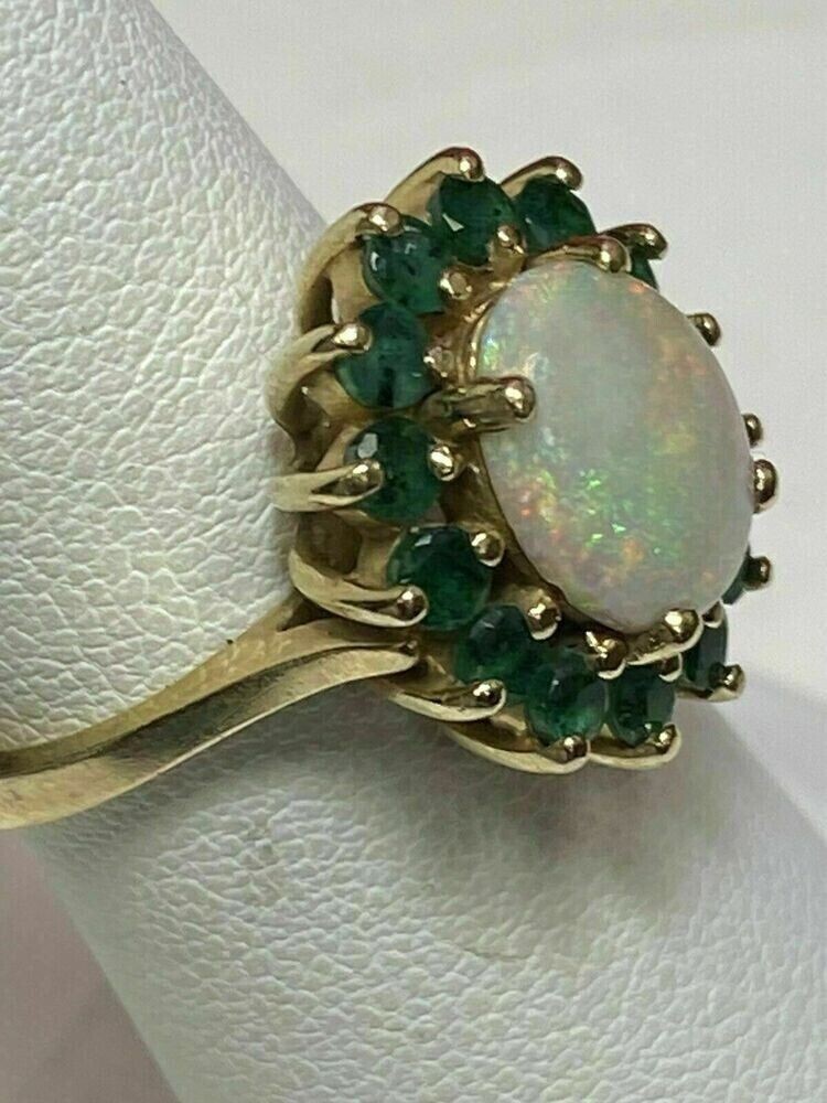 Oval Cut Simulated Fire Opal & Green Emerald Women’s Ring 14K Yellow Gold Plated