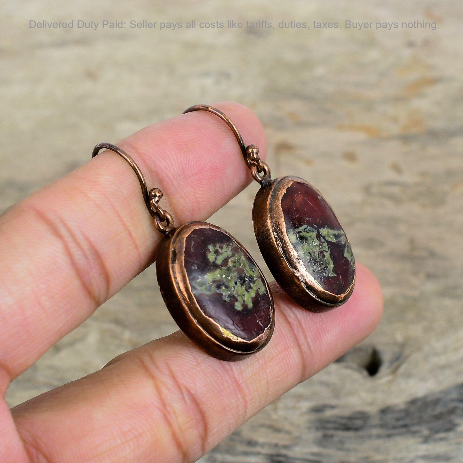 Copper Oval Dragon Bloodstone Stone Drop Dangle Electroformed Art Deco Earrings