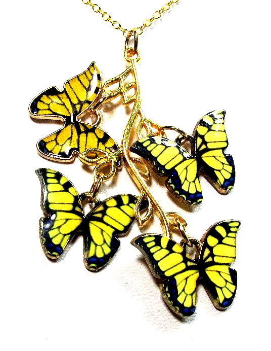Gold Tone Yellow & Black Butterflies On Branch 18″ Necklace – NWOT (#3175)