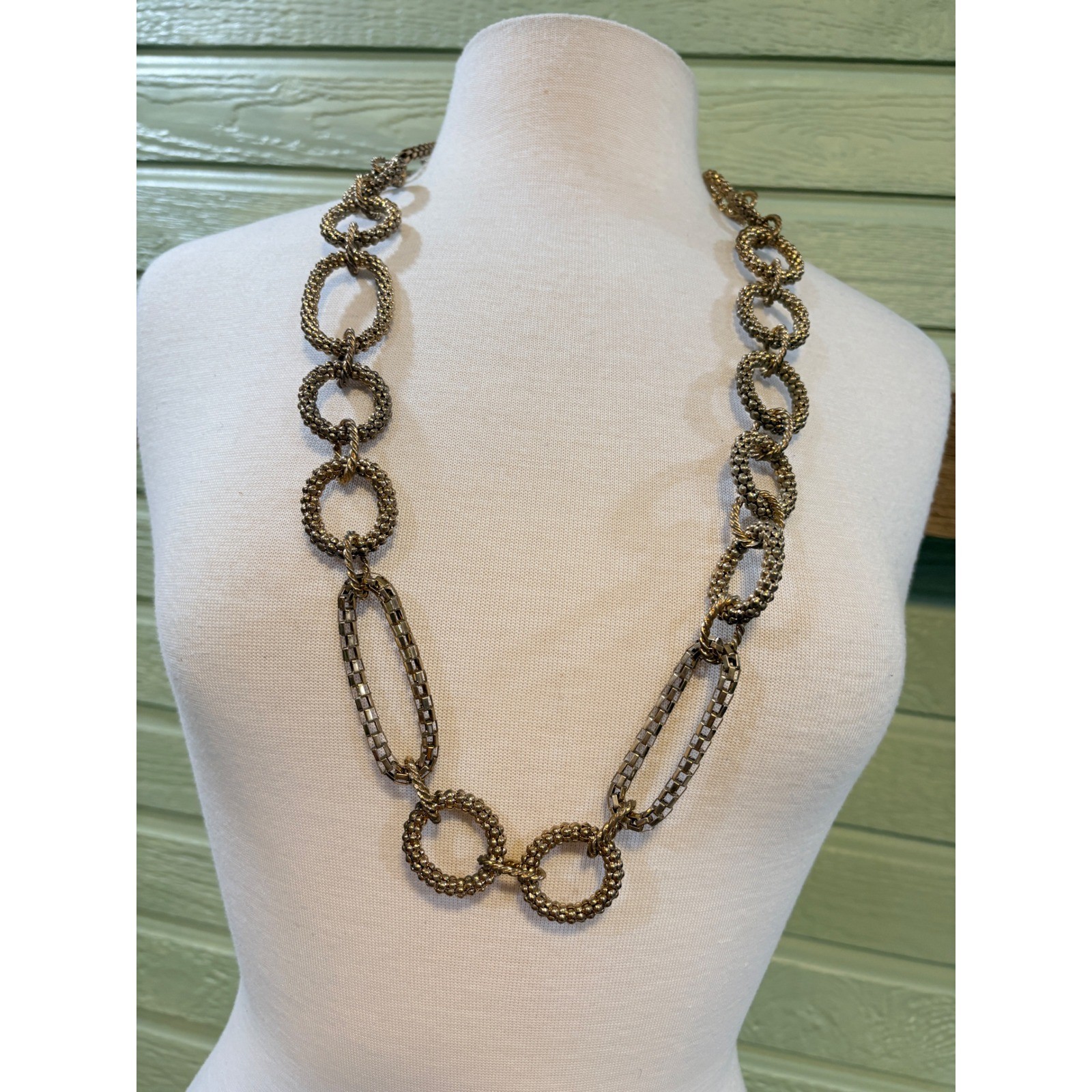 Antique Gold Tone Mixed Link Long Chain Necklace Beaded & Box Links 34 Inch