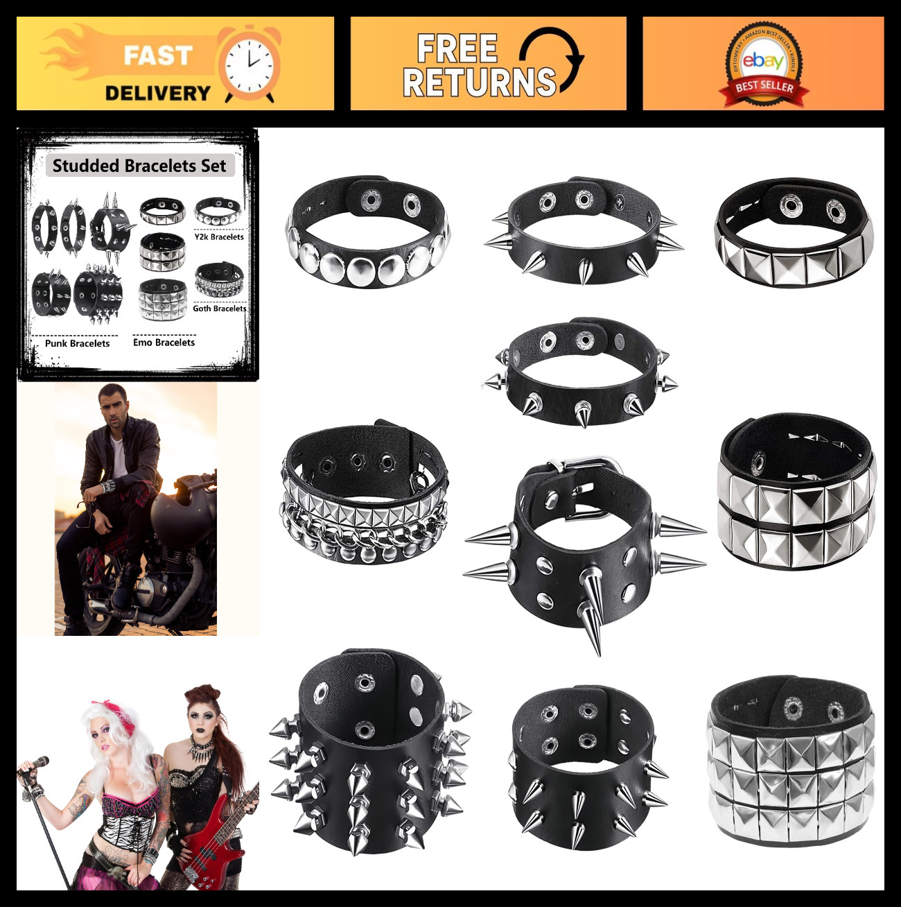10 Studded Punk Bracelets Set – Emo Spiked Black Leather Cuffs, Goth Accessories