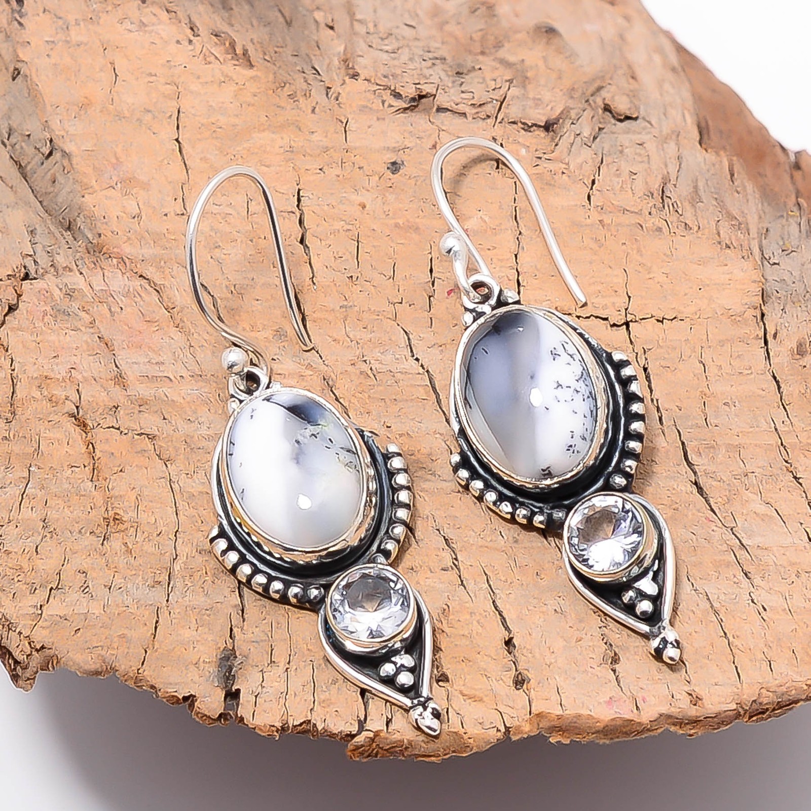 Dendritic Agate – Brazil & White Topaz Oxidised 925 Silver Earring 1.82 E1095413