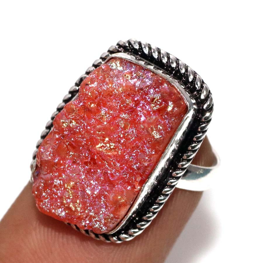 925 Silver Plated Titanium Druzy Ring US 5 Special Edition Design Trendy GW