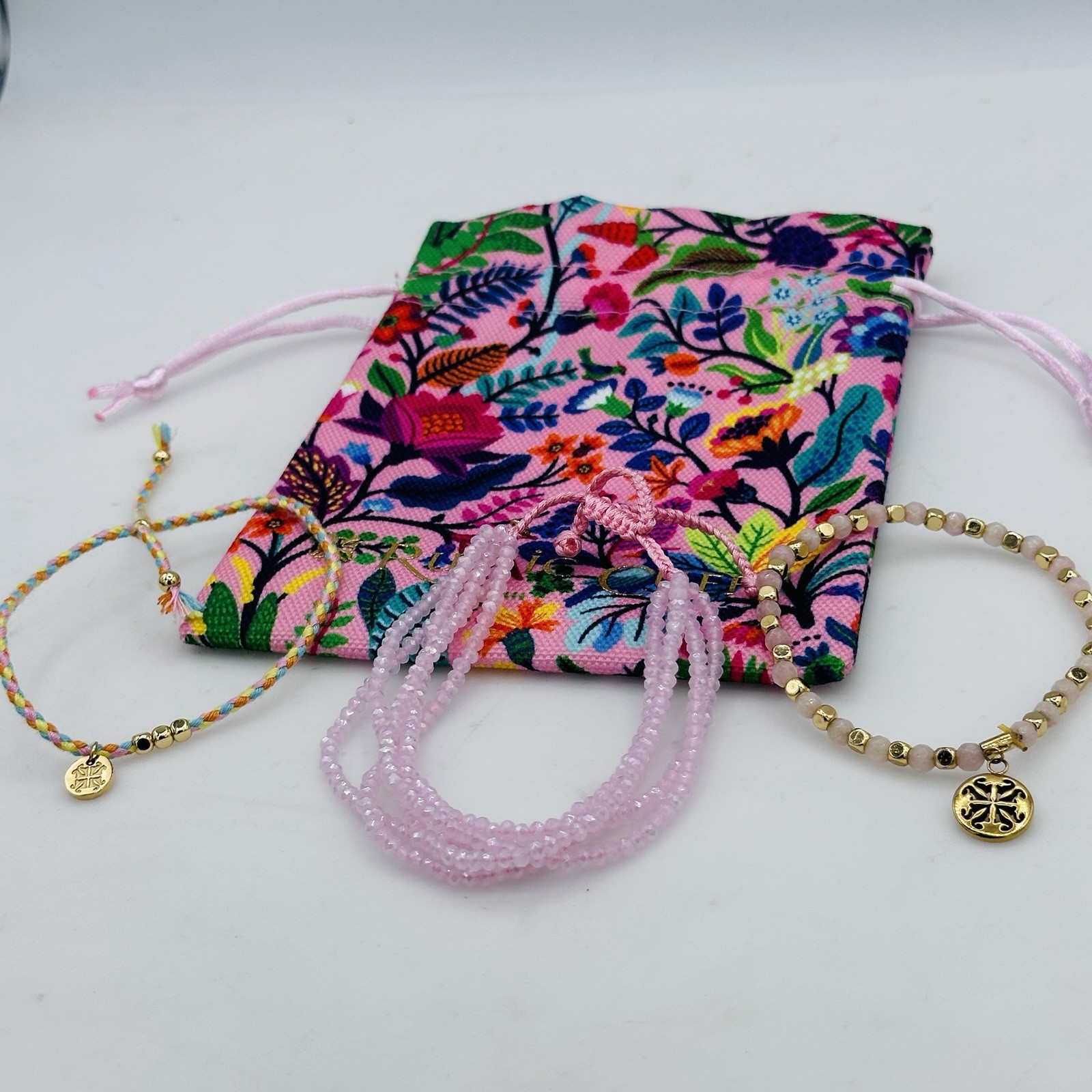 Rustic Cuff Pink Bracelet Stack Set Floral Gift Bag Adjustable
