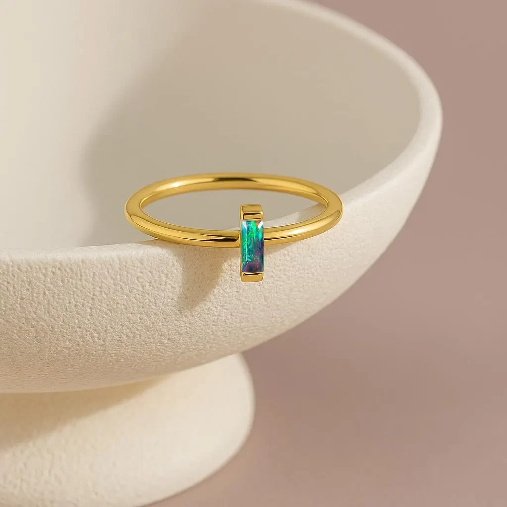 Fire Black Opal Baguette Gemstone Stackable Ring, Natural Fire Opal Gemstone