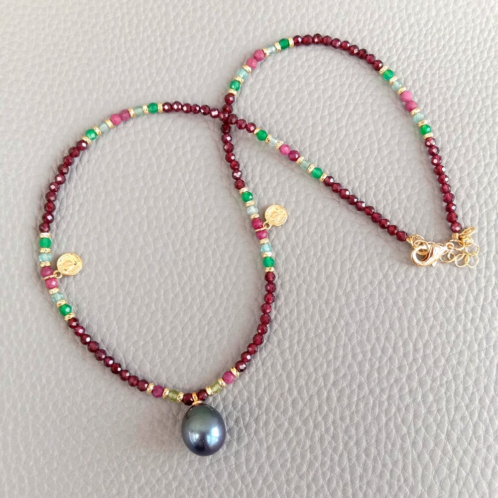Garnet Agate Ruby Pearl Charm Necklace 3mm Gemstone Cultured Black Pearl Pendant