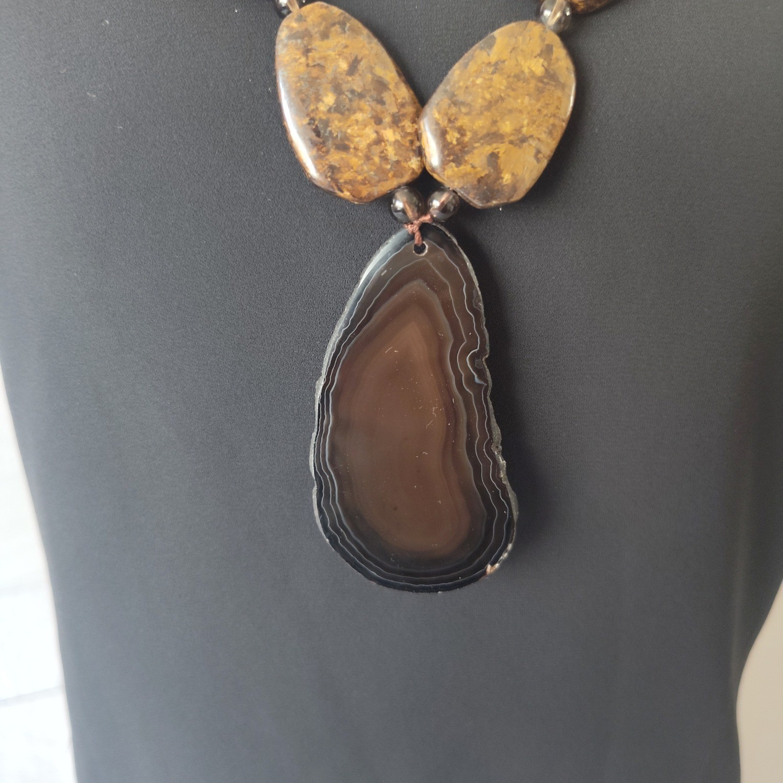 Natural Black Agate Slice & Brown Jasper Beaded Statement Necklace Earthy Brown