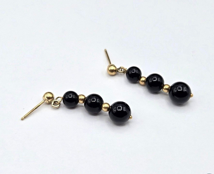 Black Onyx Round Beaded Dangle Drop Earrings Hook 14k Yellow Gold