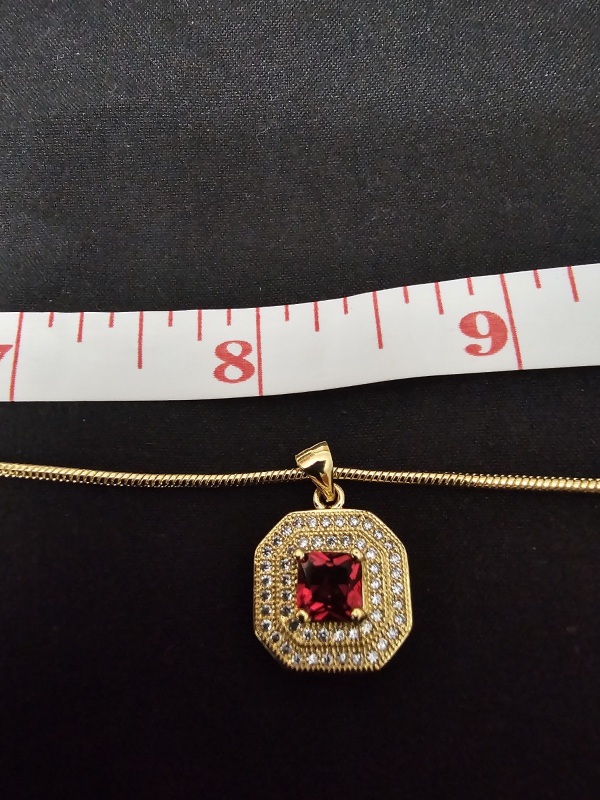 18in.14k Gold Plated on brass-1.4mm THIN SnakeNecklace Octagon Pendant Red Stone