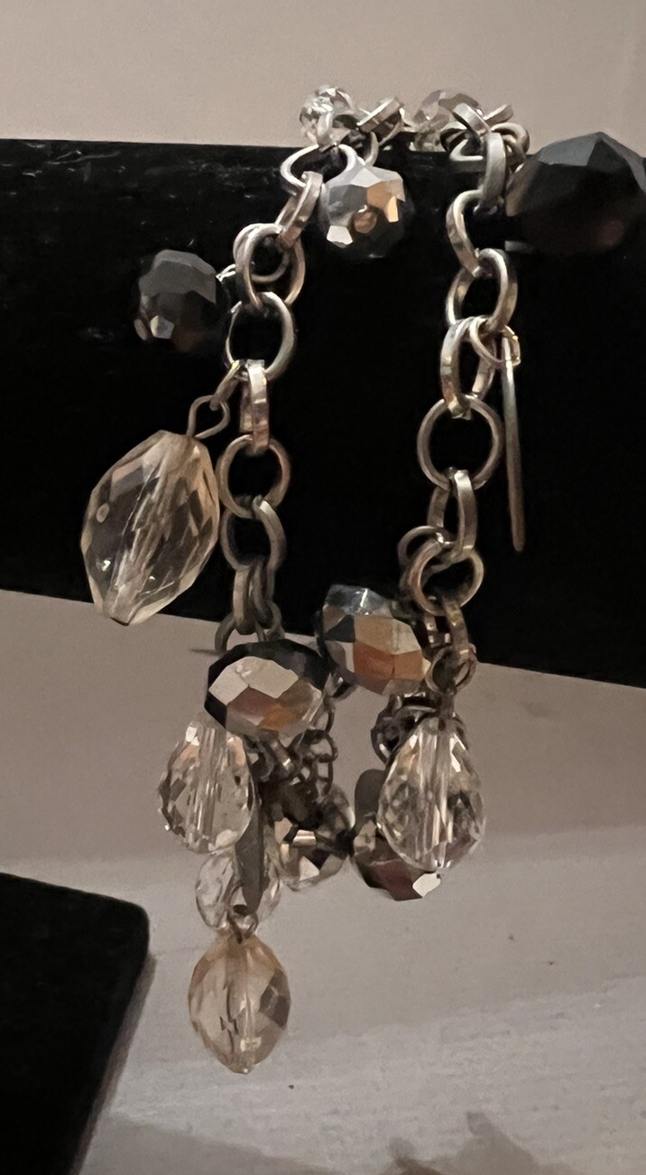 Silvertone Charm Double Strand Bracelet 8” Clear Black Mirror Bead Lobster Clasp