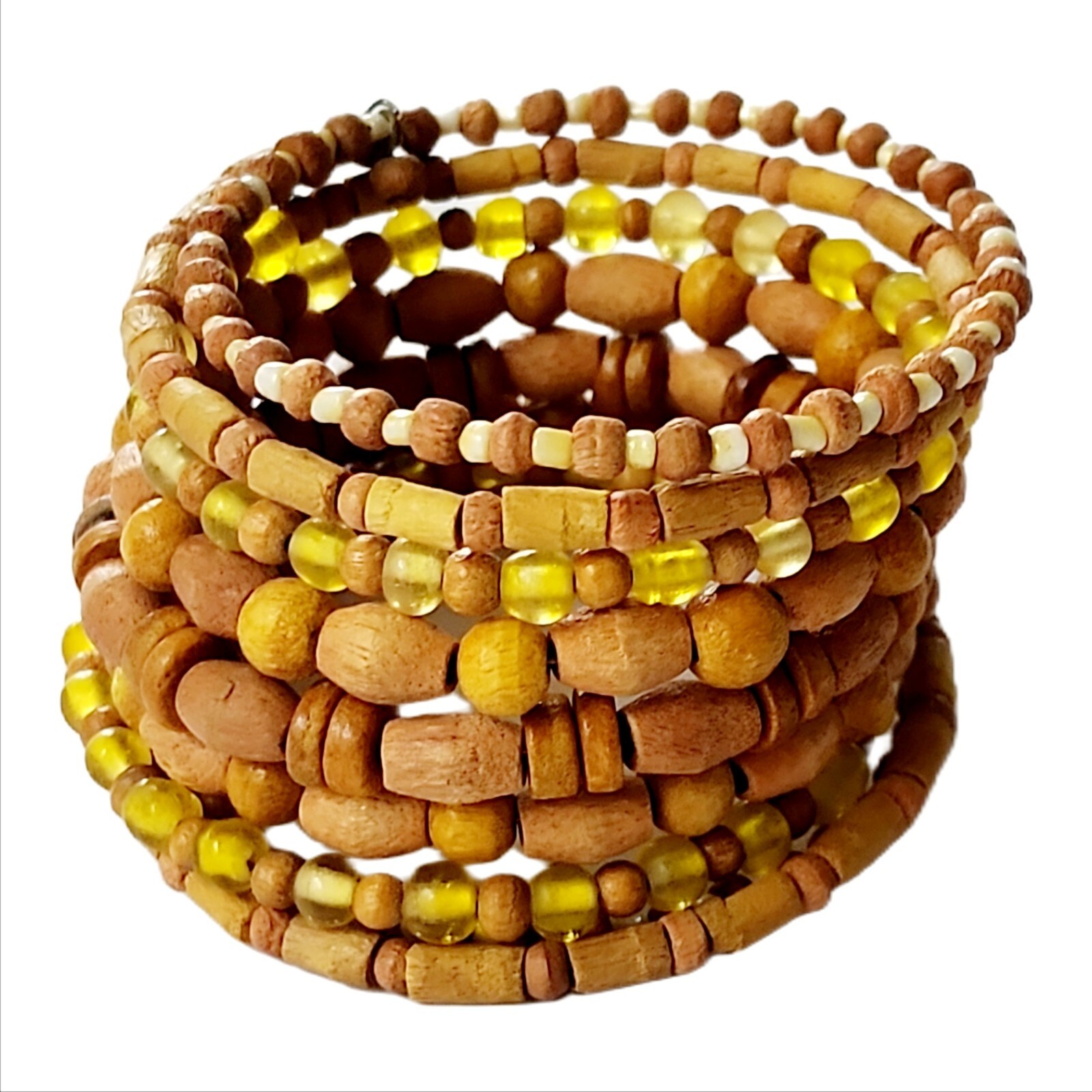 Yellow Glass and Wood Bead Memory Wire Tribal Style Wrap Bracelet Boho