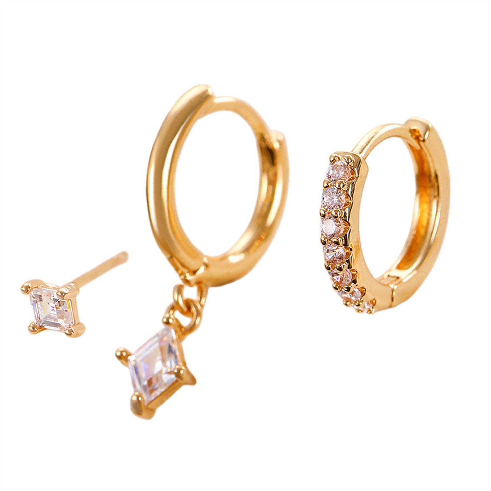 3Pcs Women Unilateral Asymmetrical CZ Star Moon Stackable Drop Hoop Earrings Set