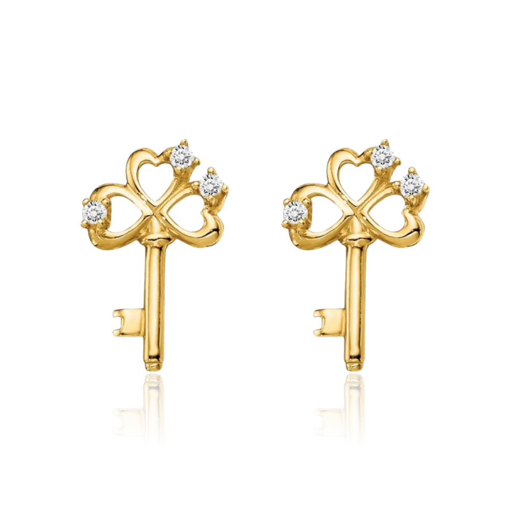 14K Solid Yellow Gold Cubic Zirconia Large Key Heart Stud Earrings 9mm 3/8 inch