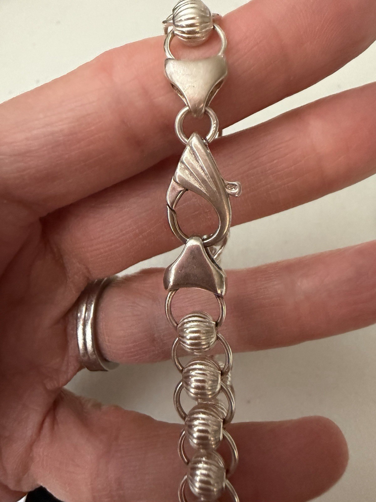 Sterling Silver 925 Ridged Ball Bead Link Bracelet 6.5 Inches Lobster Claw