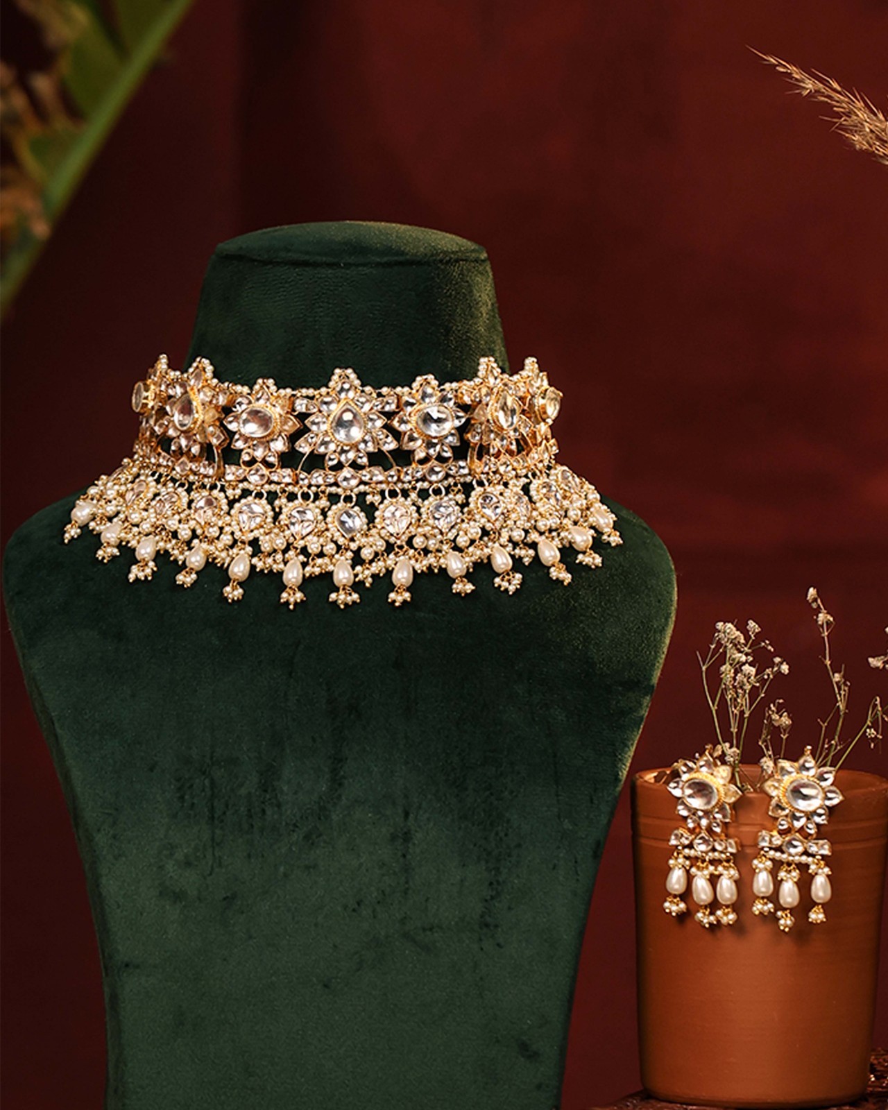 Indian Kundan Bridal Choker Necklace Set Gold Plated Pearl Wedding Jewelry
