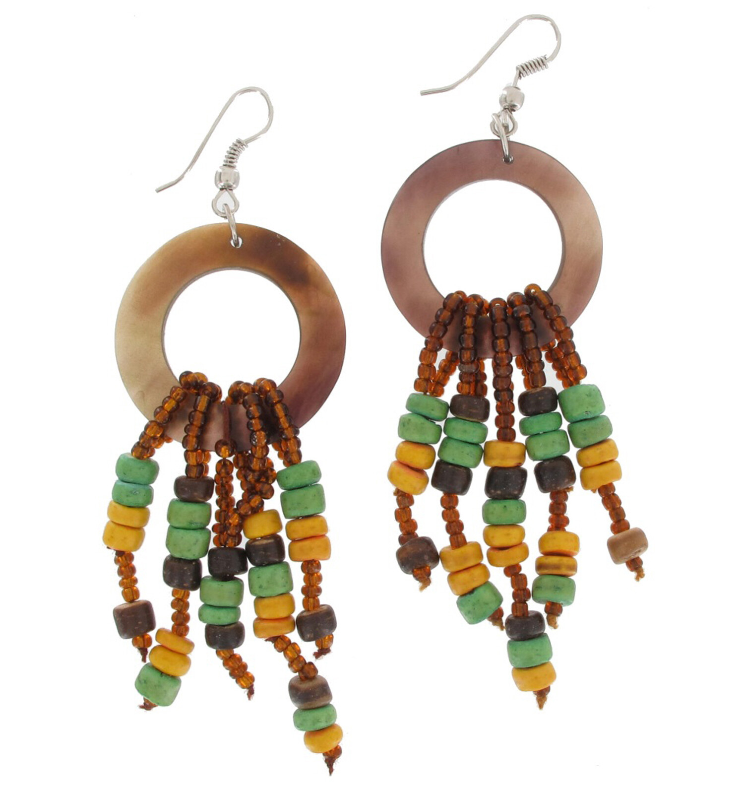 Bohemian Chandelier Earrings Green Brown Yellow Beads Long 3 1/4″