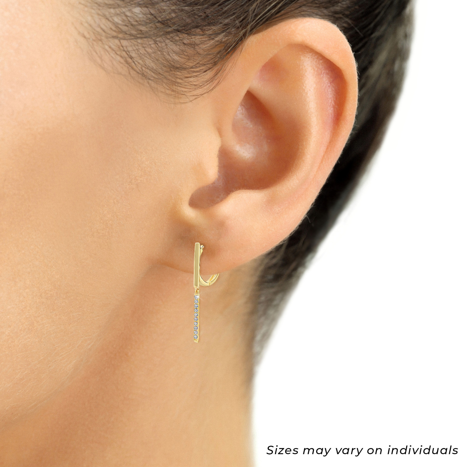 14K Real Solid Yellow Gold Dainty Pave CZ Bar Dangle Drop Huggie Hoop Earrings