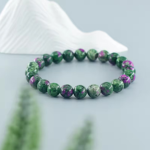 Natural Ruby Zoisite Bracelet 8mm Round Bead Anyolite Gemstone Women Gift 7 inch