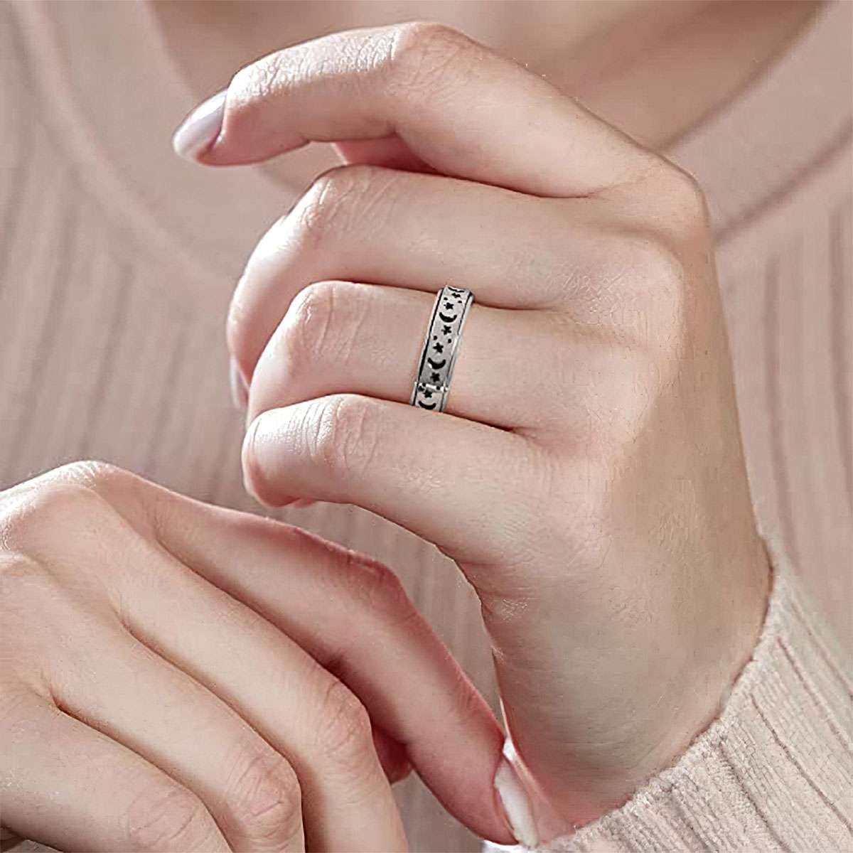 Sun Moon Spinner Fidget Ring Stainless Steel Stress Anxiety Relief Band Jewelry