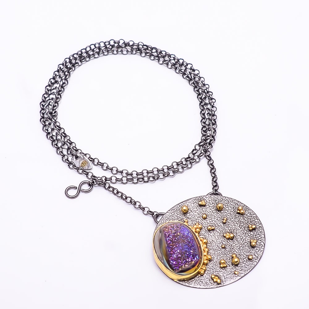 Purple Titanium Agate Drusy Black And Gold Rhodium 925 Silver Necklace 19.99″N43