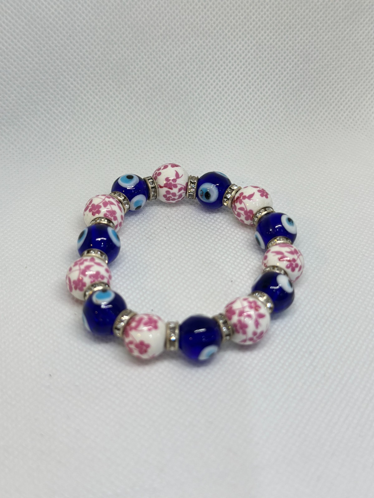 EVIL EYE BRACELET BLUE GLASS CERAMIC PINK FLOWER BEADS PROTECTION LUCKY JEWELRY