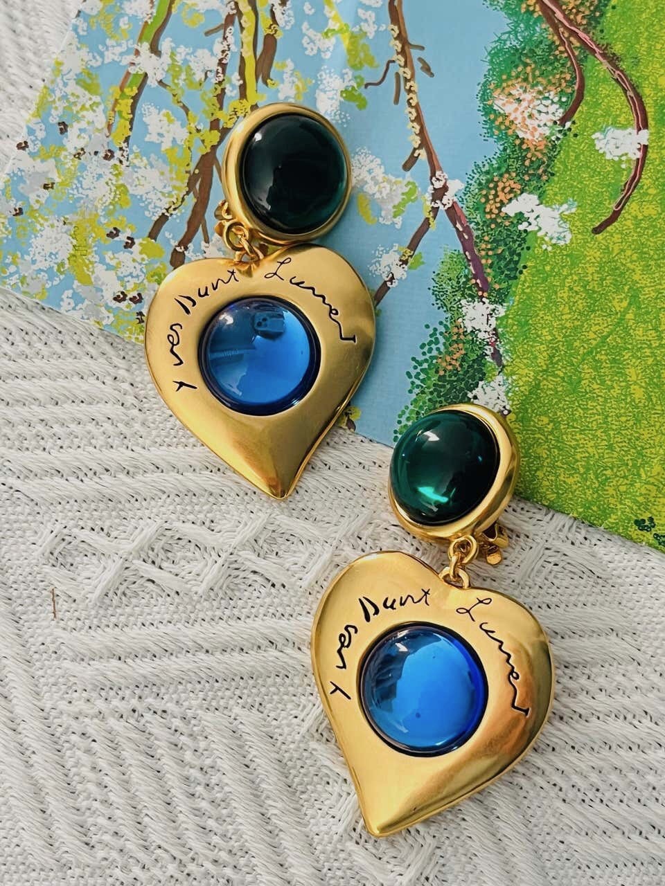 Yves Saint Laurent YSL Gripoix Emerald Sapphire Heart Logo Double Drop Earrings