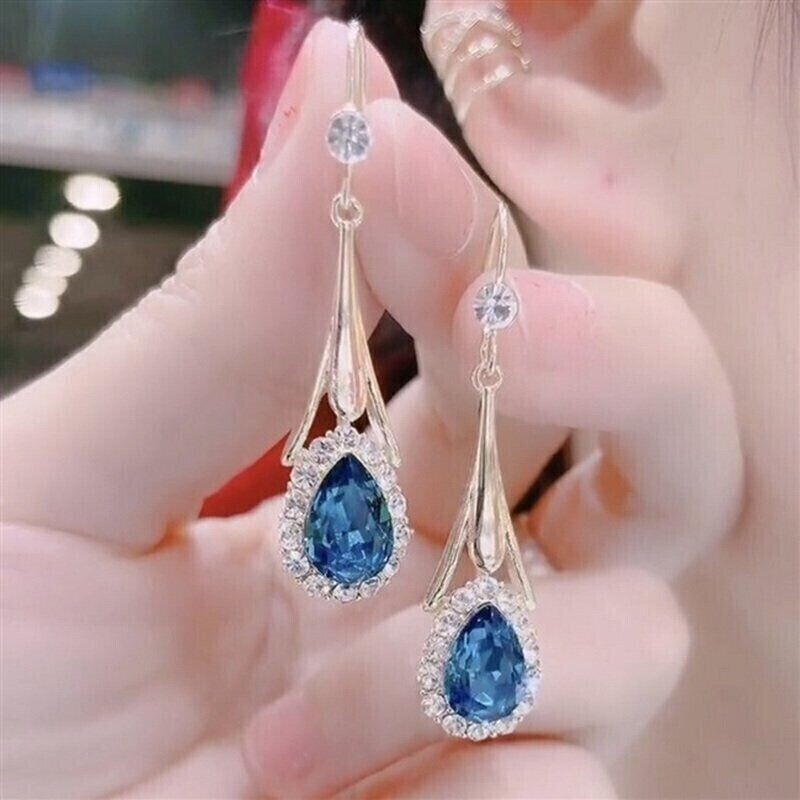4Ct Pear Cut Simulated Blue Sapphire Drop/Dangle Earrings 14K Yellow Gold Plated