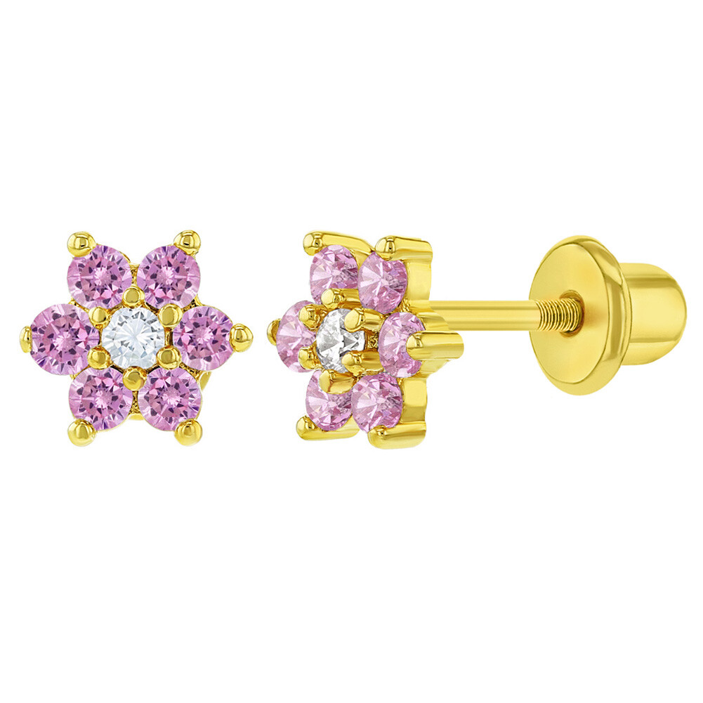 Gold Plated Cubic Zirconia Flower Screw Back Earrings for Toddlers Girls 5mm