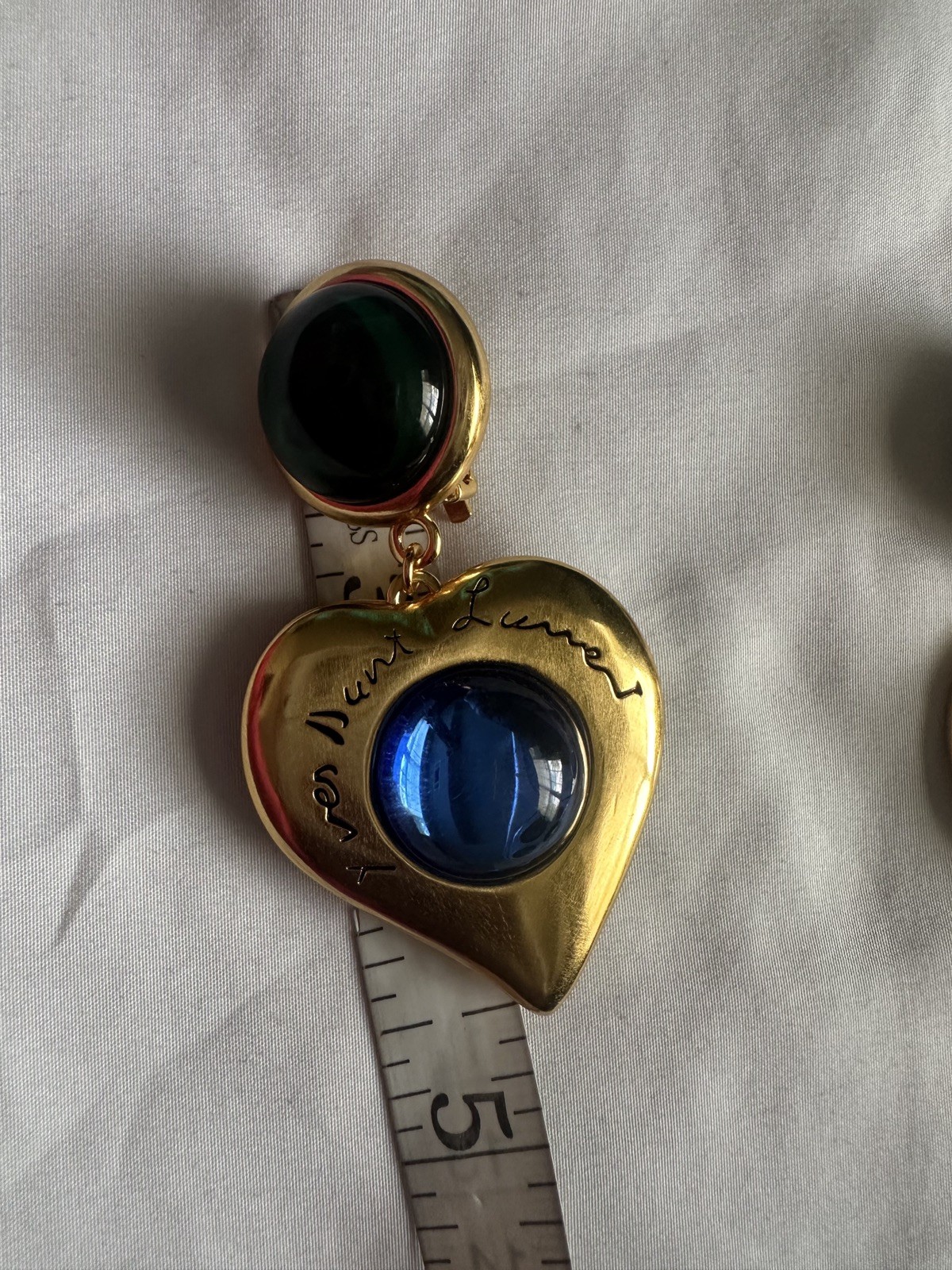 Yves Saint Laurent YSL Gripoix Emerald Sapphire Heart Logo Double Drop Earrings