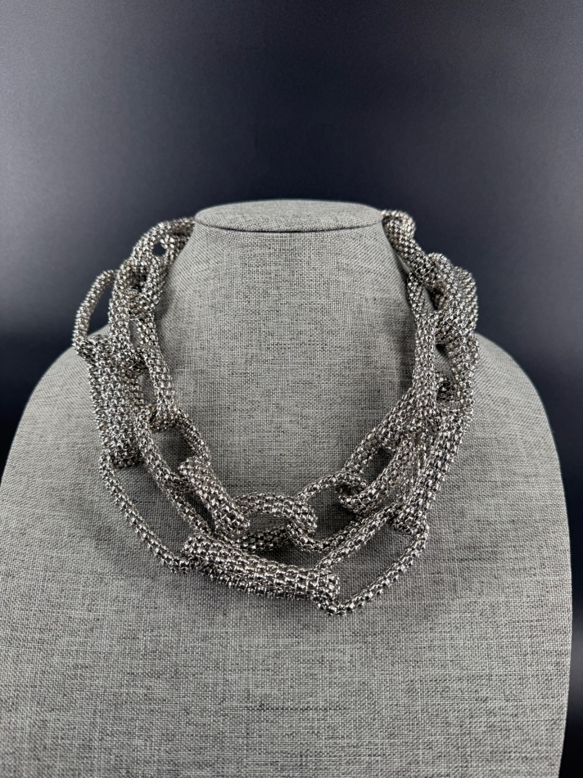Silver Tone Mesh Chain Link Necklace Chunky Bold Statement 44″ 2010s
