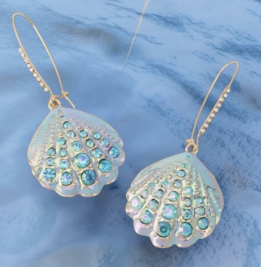 Betsey Johnson Earrings Iridescent Seashell Mermaid Drop NWT Crystal Dangle