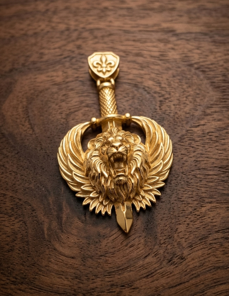 Handmade Unique Sword Lion Brass Silver Color Design Pendent Comes With Chain.
