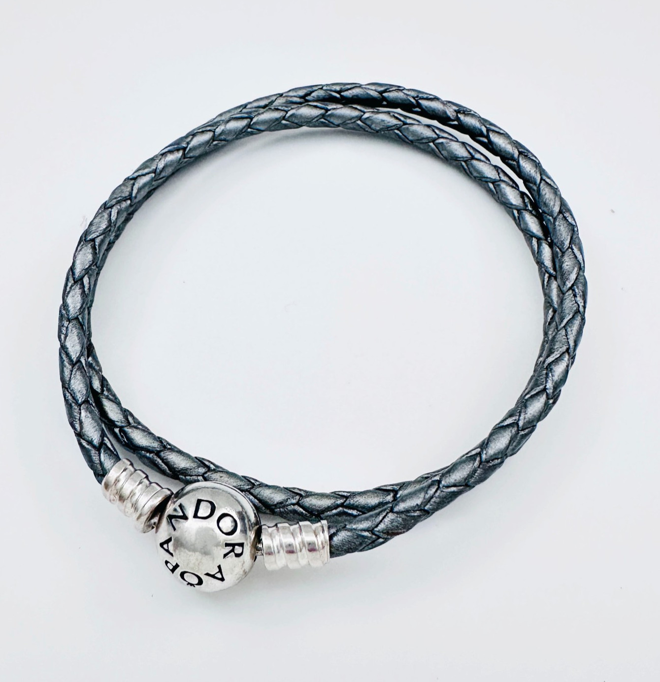 PANDORA 925 Sterling Silver Braided Leather Double Wrap Bracelet GRAY 13.5″