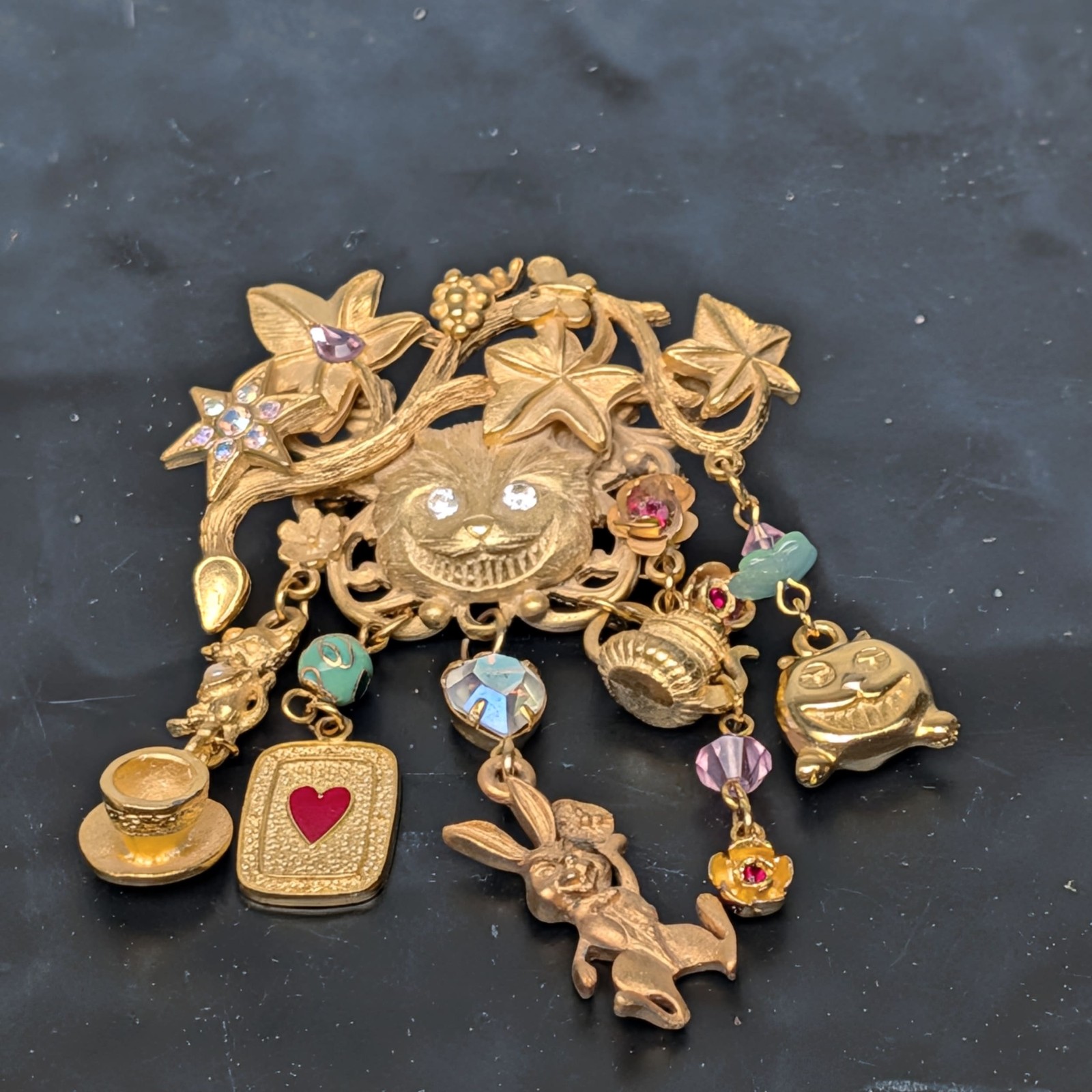 Kirks Folly Alice In Wonderland Cheshire Cat Gold Brooch Pin 6 Charms â­