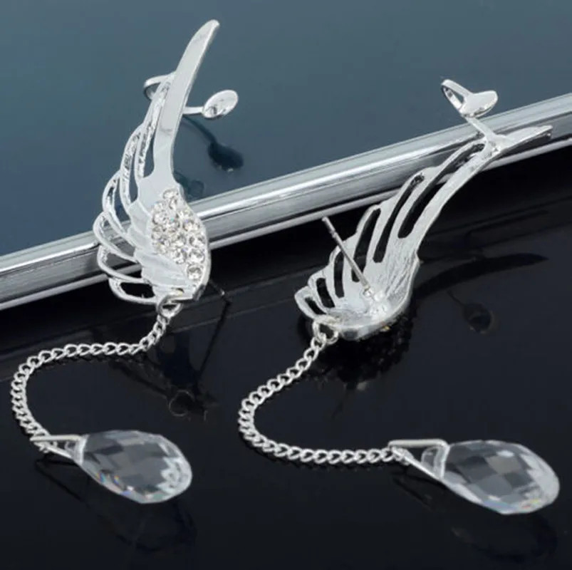 New Silver Plated Angel Wing Stylist Crystal Earrings Drop Dangle Ear Stud