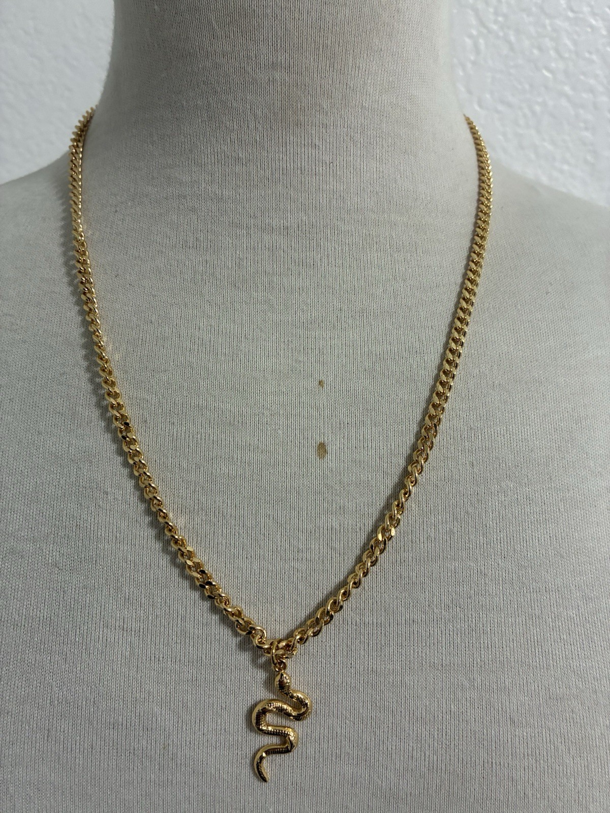 Gold 18K Tone Curb Link Chain Necklace with Snake Charm Pendant
