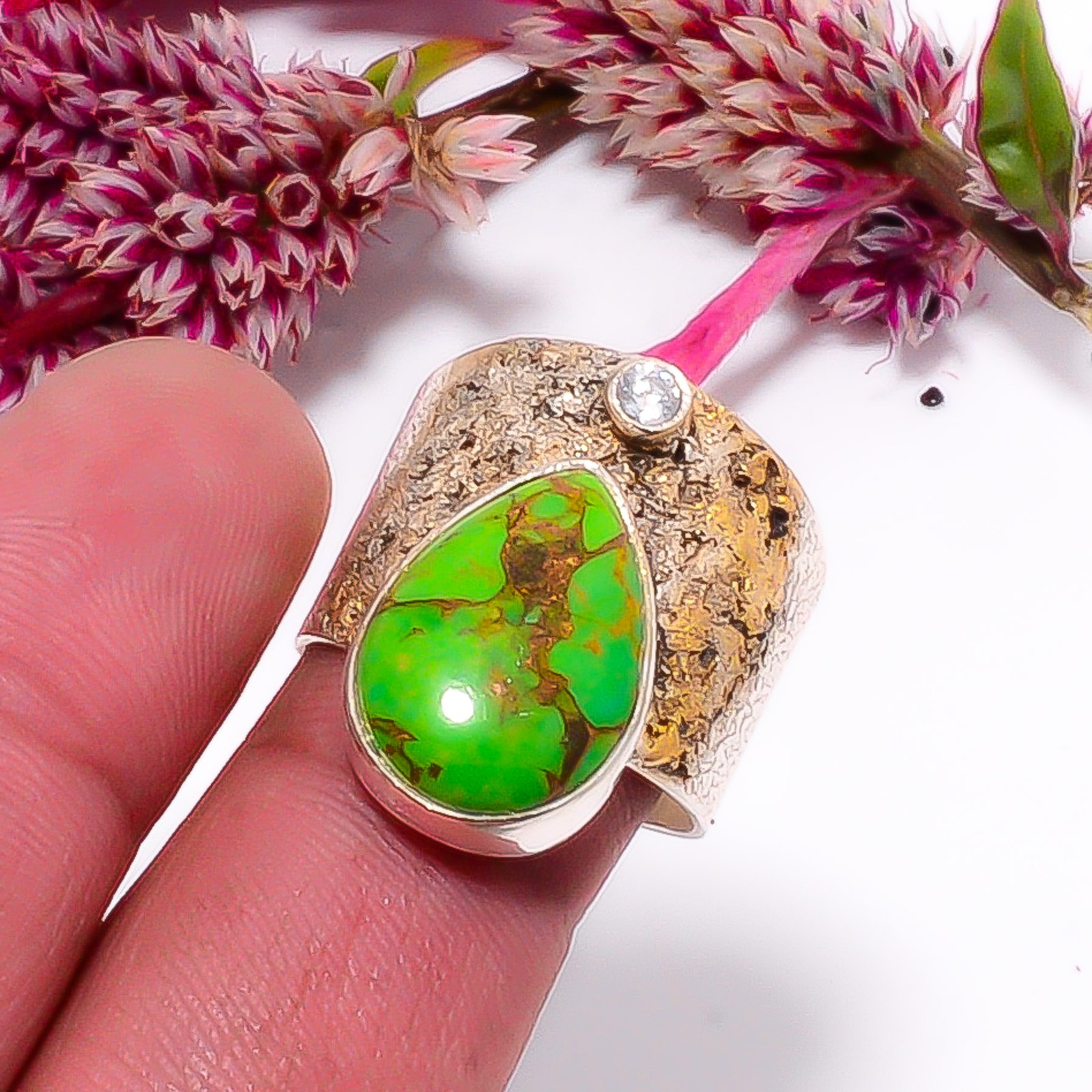 Copper Green Turquoise & White Topaz Two Tone 925 Sterling Silver Ring s.9 Sku30