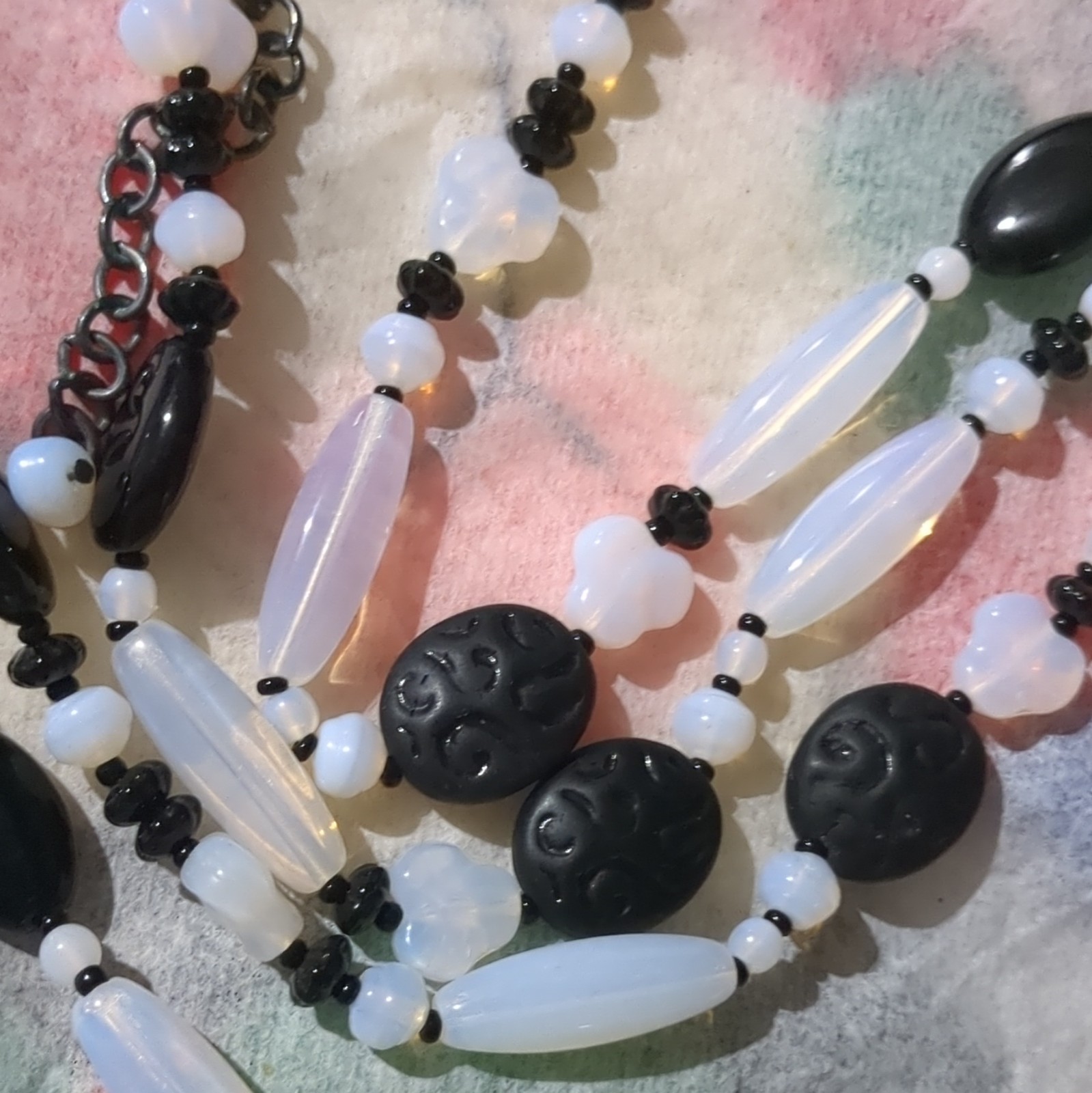 Joan Rivers Black & White Multi-Strand Beaded Necklace Oval Pendant Adjustable