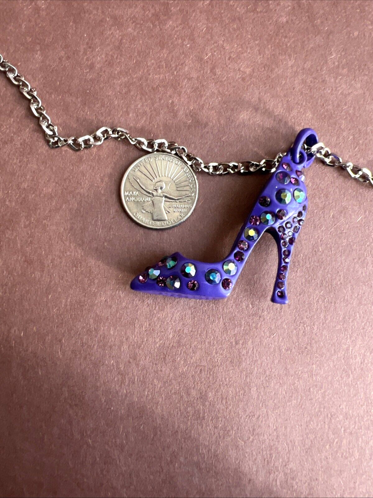 Purple High Heel Woman’s Shoe with AB Crystals Silver Tone Chain NEW 26 1/2″