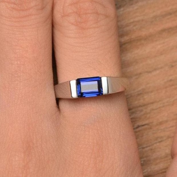 Emerald Cut Created Sapphire Half Bezel Set Minimalist Ring 925 Sterling Silver