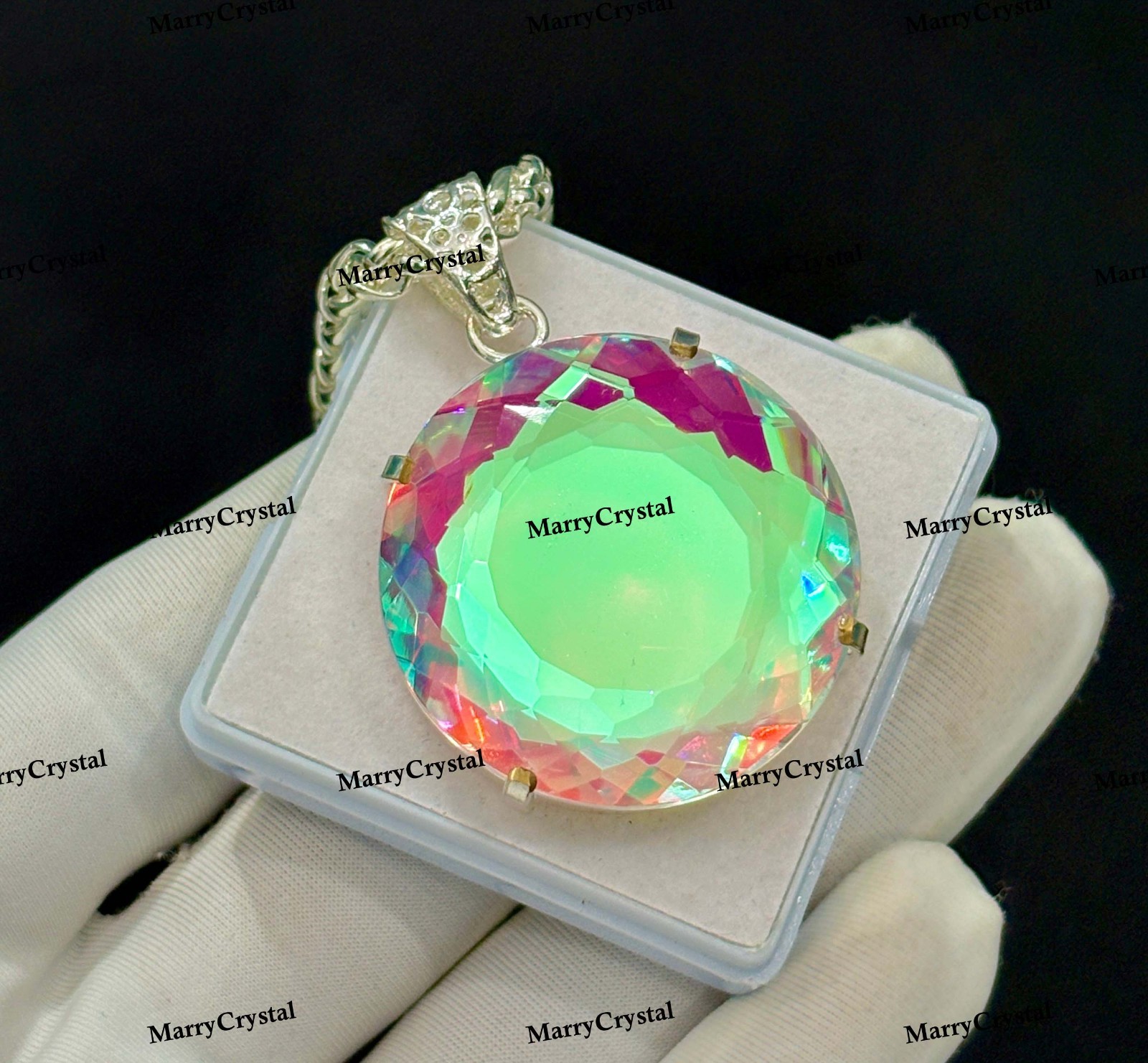 Handcrafted Dichroic Mystic Glass Pendant Necklace, Multi-Color Round Gemstone
