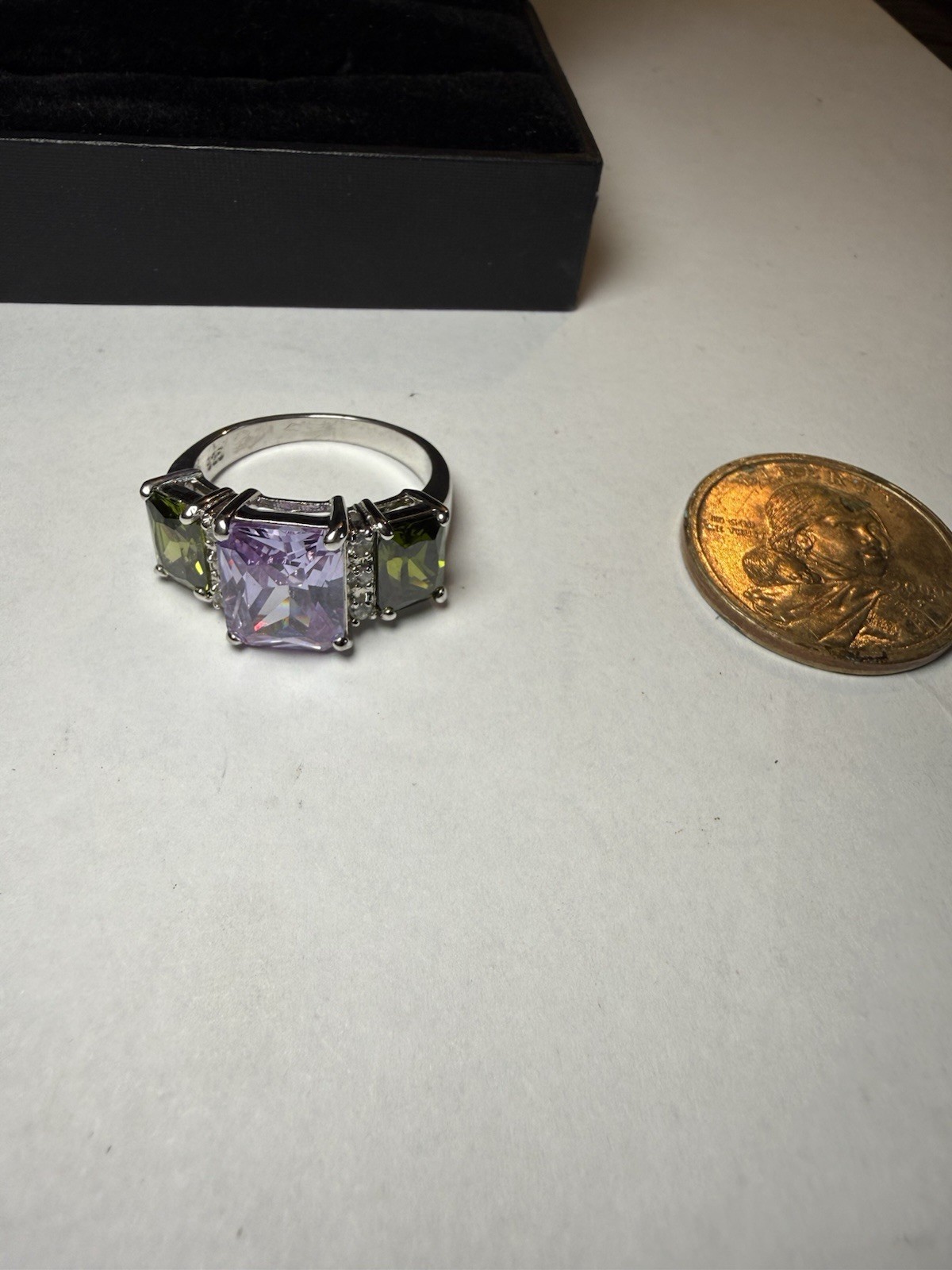 925 Sterling Silver Cocktail Ring Purple Square Center Stone Green Sides Sz 10