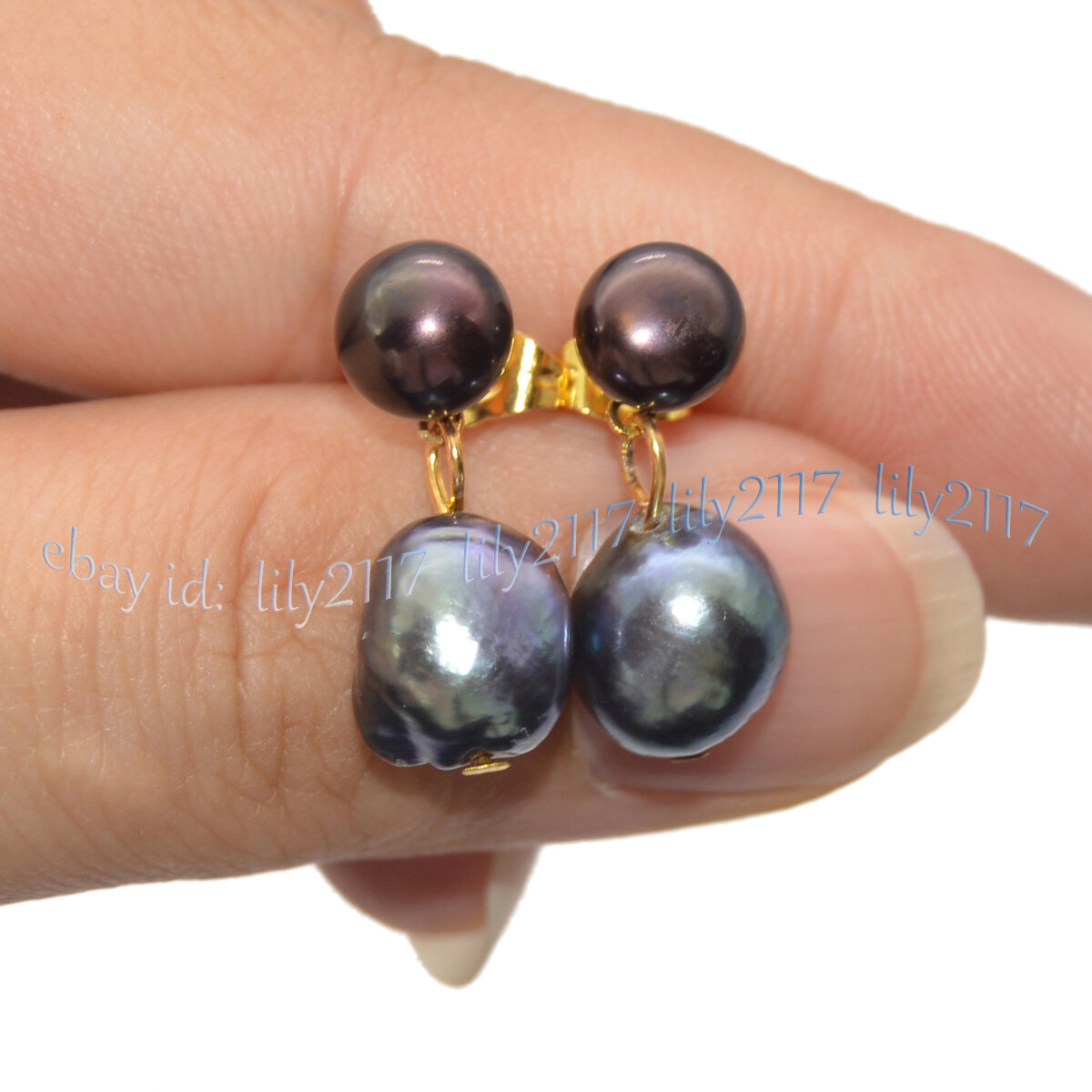 4 Pairs Natural Black White Pink Purple Double Akoya Pearl Dangle Stud Earrings