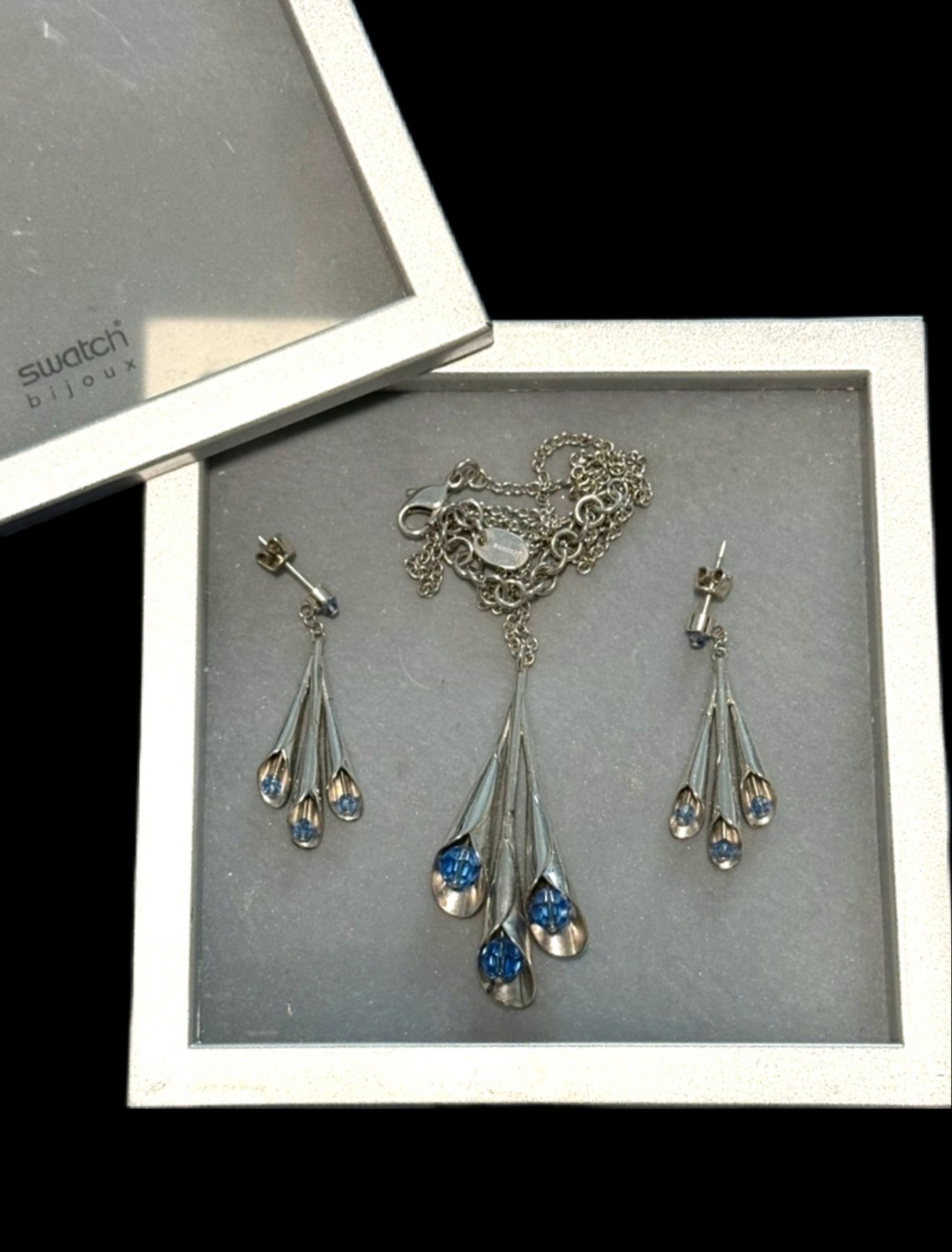 Vintage Swatch Bijoux Sky Finery Jewelry Set Necklace Earrings Boxed Blue