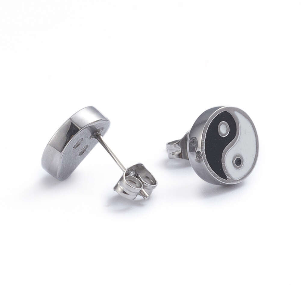 Stud Earrings Finding Silver Plated Round Yin Yang Black 9.7mm, Pin: 0.6mm P316