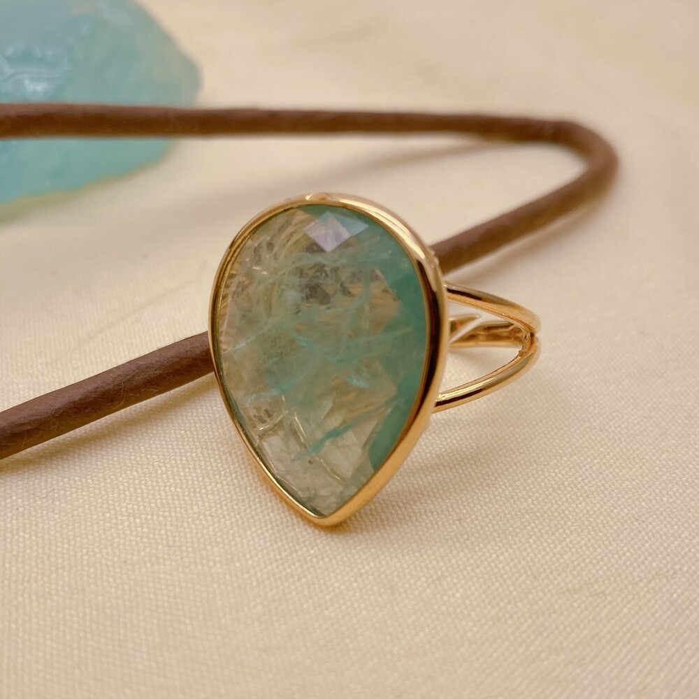 Natural Faceted Green Fluorite Teardrop Ring Gemstone Jewelry