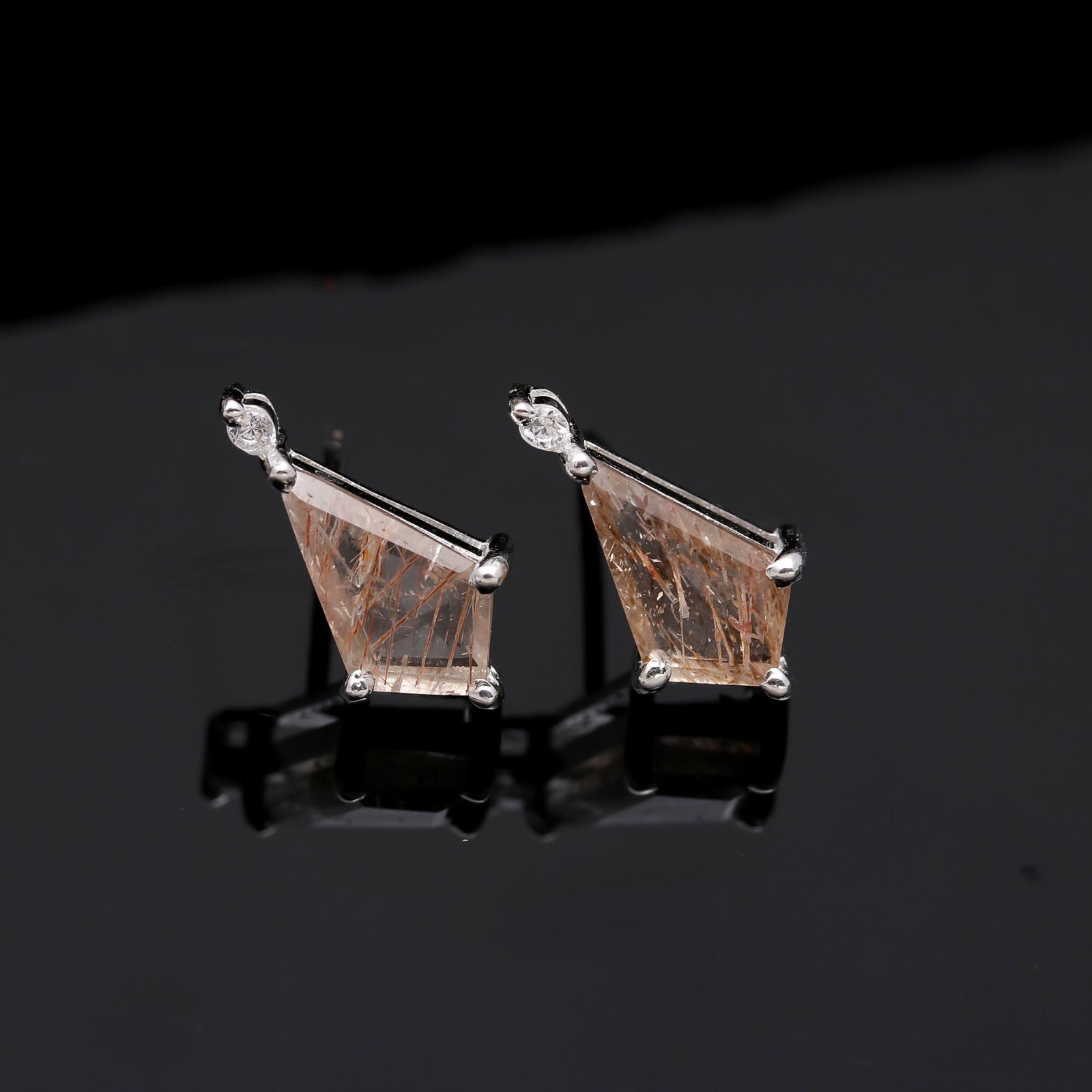 Natural Copper Rutile Kite Stud Earrings 925 Sterling Silver Minimalist Jewelry