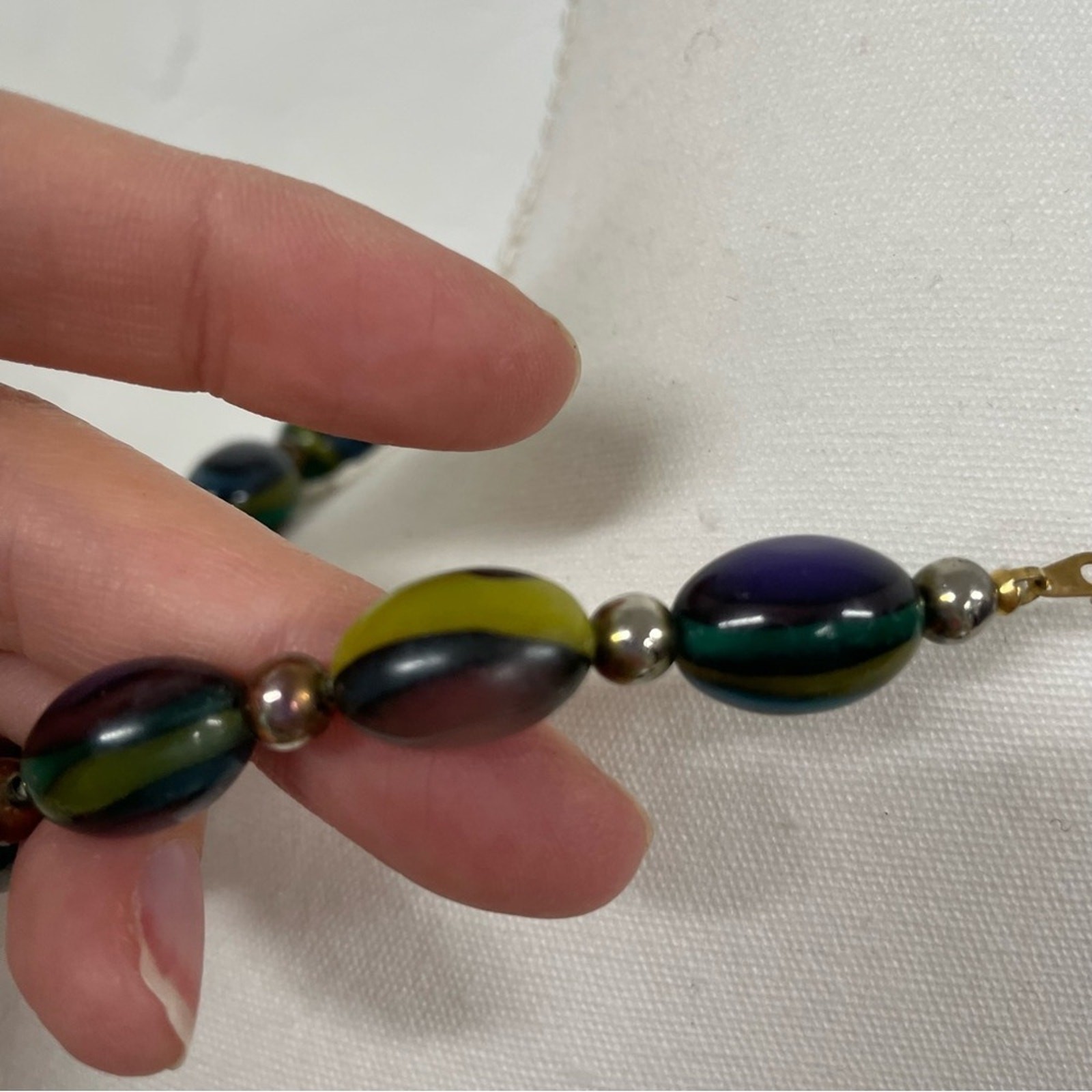 Blue & Green Glass Beads Necklace Silver Tone Chunky Artsy Boho